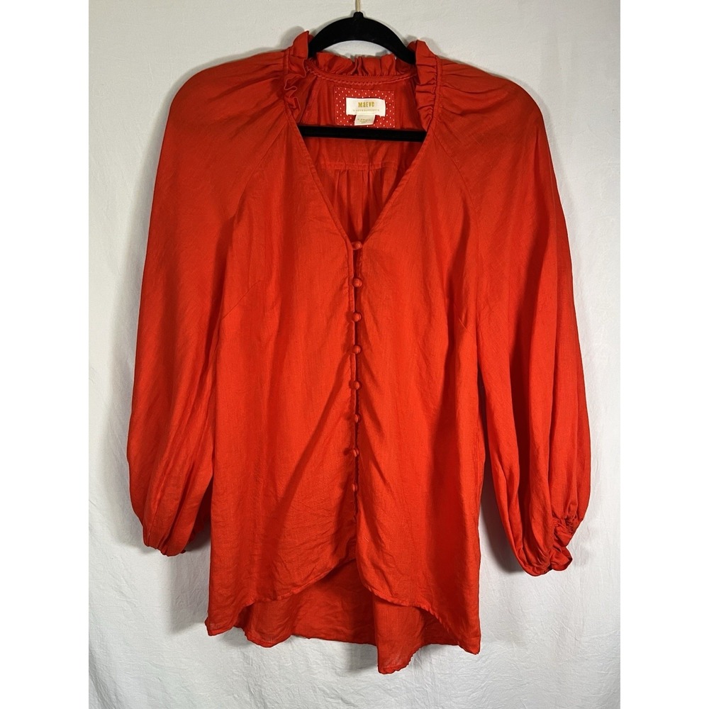 Maeve Tomato Red Linen Blouse Ruffle Collar Covered Button Ballon Sleeve Size XS